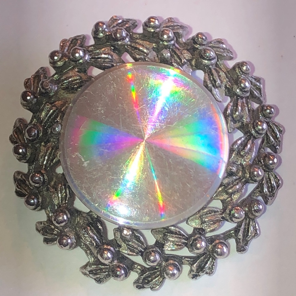 Jewelarama Vintage Silver Tone Brooch with Iridescent Holographic Center